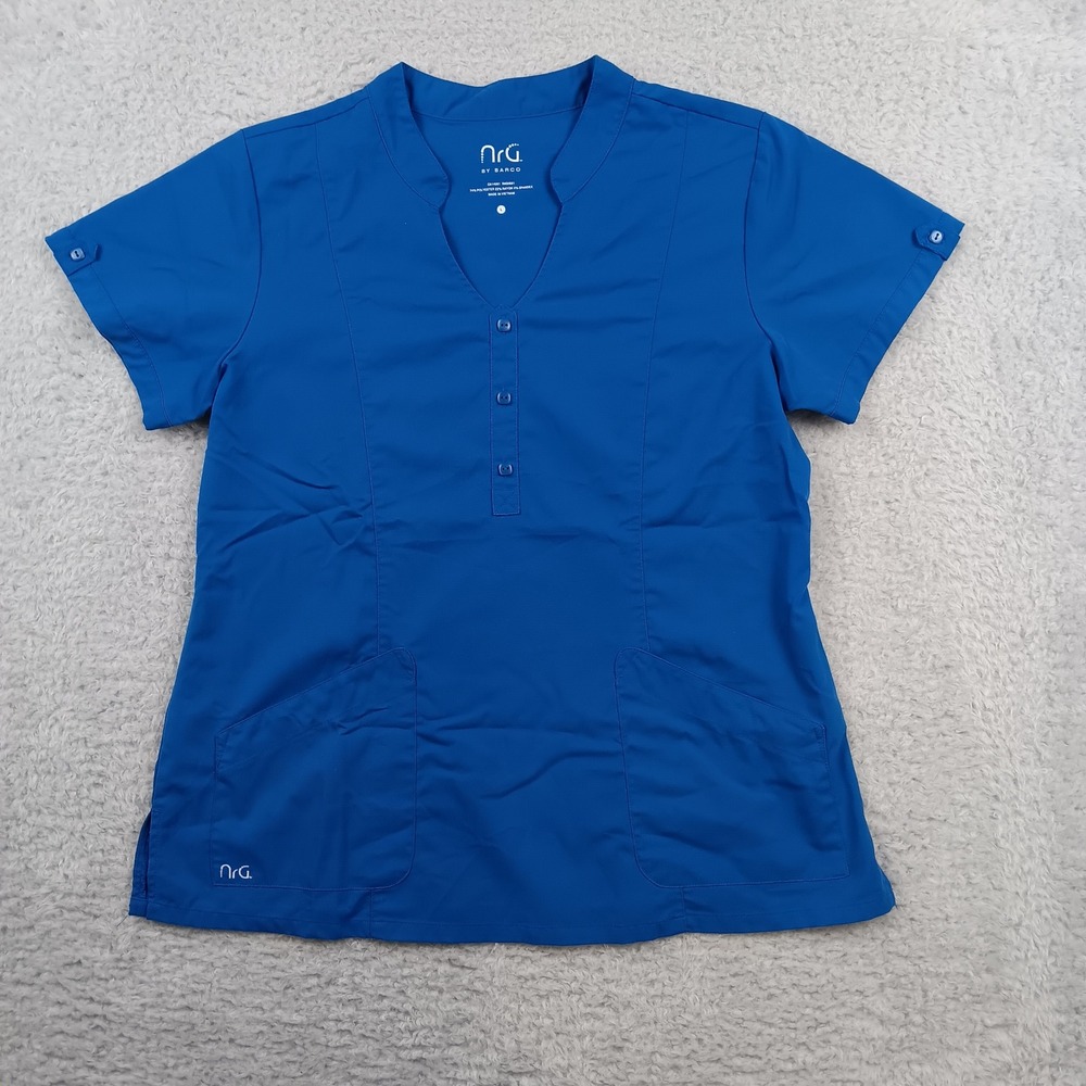 Barco nrG Scrub Top Womens‎ Large Blue V-Neck Button Placket 3129 Pocket